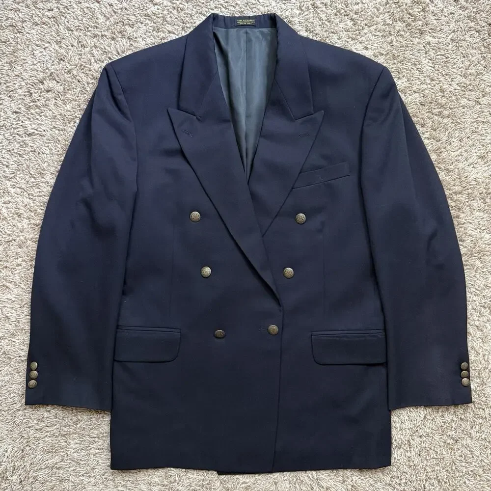 Vintage Oscar de la Renta Double Breasted 42R Navy Blue Wool Gold Button Blazer
